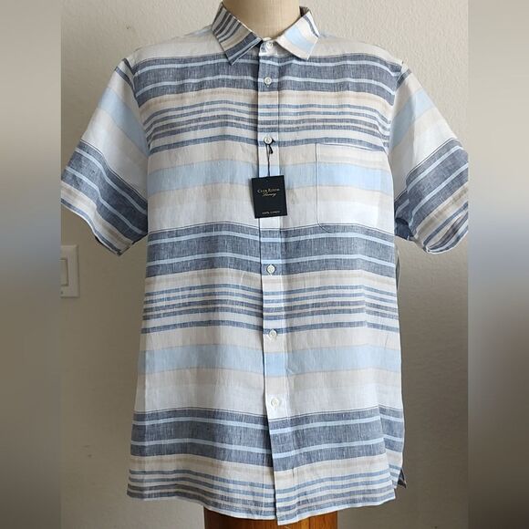 CLUB Room Luxury Men's Horizontal Striped 100% Linen Short-Sleeve Shirt Size XXL - Picture 4 of 11